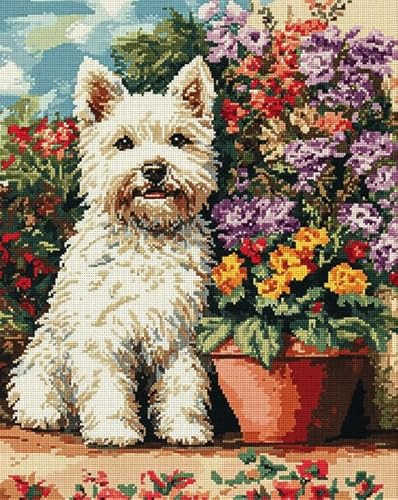 AxiangziK Tierhund DIY Kreuzstichset 11CT,West hoher weißer Bodenstiel-Blumentopf,stickerei set anfänger mit kreuzstich,stickbilder vorgedruckt kreuzstich,40x50cm von AxiangziK