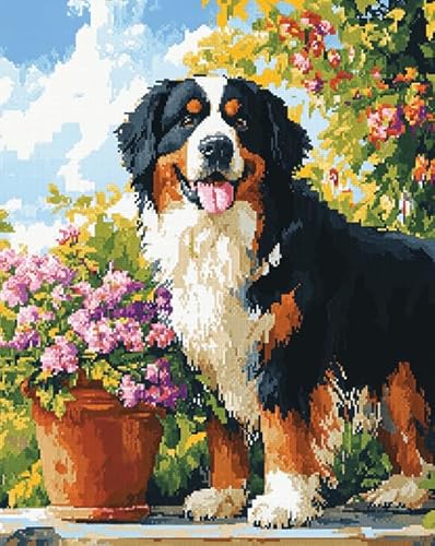 AxiangziK Tierhund DIY Stickerei Set Erwachsene Anfänger Kinder 11CT,Blumentopf für Berner Sennenhund,stickbilder cross stitch set,Kreuzstich Stickpackungen,40x50cm von AxiangziK