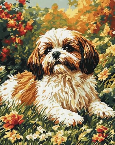 AxiangziK Tierhund DIY Stickerei Set Erwachsene Anfänger Kinder 11CT,Shih Tzu Hundegraslandschaft,stickbilder cross stitch set,Kreuzstich Stickpackungen,40x50cm von AxiangziK