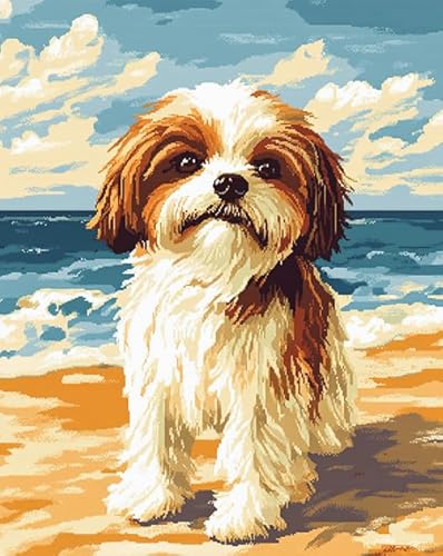 AxiangziK Tierhund DIY Stickerei Set Erwachsene Anfänger Kinder 11CT,Shih Tzu Hundestrandlandschaft,stickbilder cross stitch set,Kreuzstich Stickpackungen,40x50cm von AxiangziK