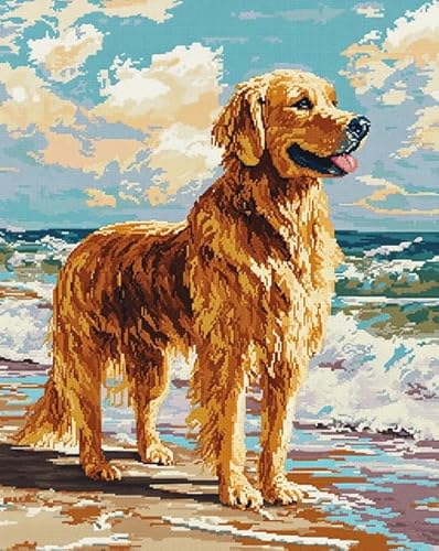 AxiangziK Tierhund DIY Vorgedruckt Stickbilder Stickset 11CT,Golden Retriever Strandlandschaft,Kreuzstich Stickpackung,Handwerk Home Decor Starter-Set für Wandkunst,40x50cm von AxiangziK