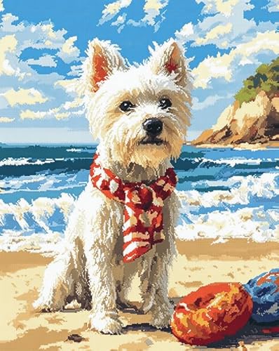 AxiangziK Tierhund DIY Vorgedruckt Stickbilder Stickset 11CT,West High White Ground Terrier Strandlandschaft,Kreuzstich Stickpackung,Handwerk Home Decor Starter-Set für Wandkunst,40x50cm von AxiangziK