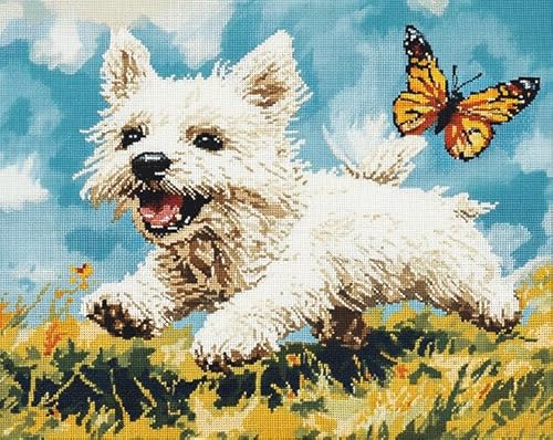 AxiangziK Tierhund DIY Vorgedruckt Stickbilder Stickset 11CT,West High White Ground Terrier jagt Schmetterling,Kreuzstich Stickpackung,Handwerk Home Decor Starter-Set für Wandkunst,40x50cm von AxiangziK