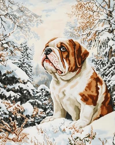 AxiangziK Tierhund Erwachsene Stickerei Kreuzstich 11CT,Schneeszene im Bulldoggenwald,Vorgedruckte Leinwand Kreuzstich Set AnfäNger Stickbilder,für Wandkunst-Heimdekoration,40x50cm von AxiangziK