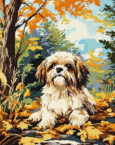 AxiangziK Tierhund Erwachsene Stickerei Kreuzstich 11CT,Shih Tzu Hundewaldlandschaft,Vorgedruckte Leinwand Kreuzstich Set AnfäNger Stickbilder,für Wandkunst-Heimdekoration,40x50cm von AxiangziK