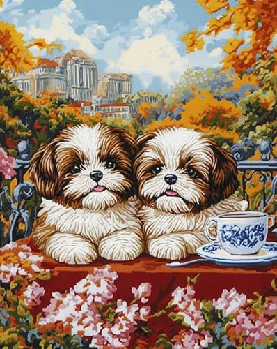 AxiangziK Tierhund Erwachsene Stickerei Kreuzstich 11CT,Zwei süße Shih Tzu-Hunde,Vorgedruckte Leinwand Kreuzstich Set AnfäNger Stickbilder,für Wandkunst-Heimdekoration,40x50cm von AxiangziK