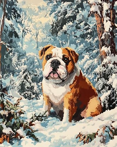 AxiangziK Tierhund Gedruckte Stickerei für Anfänger 11CT,Schneeszene im Bulldoggenwald,Kreuzstich-Set,Kreuzstich-Stickset,fortgeschrittenes Stickmuster,Kunsthandwerk,40x50cm von AxiangziK