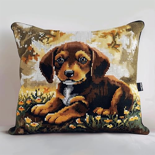 AxiangziK Tierhund Kreuzstich Kissen Vorgedruckt,süßer Welpe,11CT Stickset für Kreuzstichkissen,Stickset Zum Dekorieren Handstickerei Kissenbezug Set,45x45cm von AxiangziK