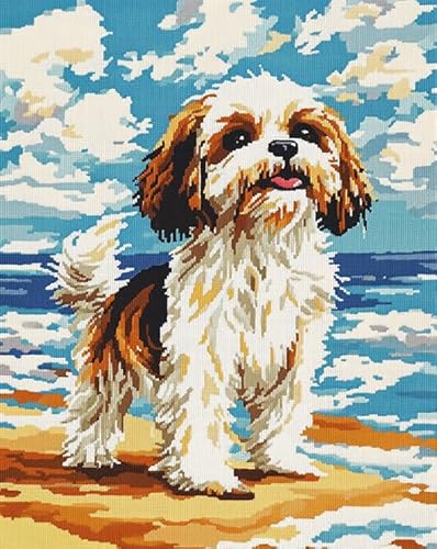 AxiangziK Tierhund Kreuzstich-Set,DIY-Kreuzstich-Set 11CT,Shih Tzu Hundestrandlandschaft,Stickerei,Anfänger,vorgedrucktes Leinwand-Stickset,handgefertigt,40x50cm von AxiangziK