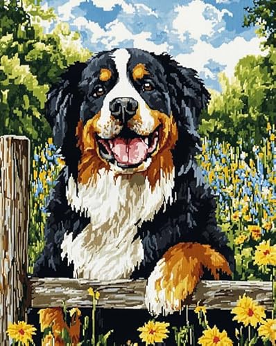 AxiangziK Tierhund Kreuzstich Set 11CT,Bauernhoflandschaft des Berner Sennenhundes,DIY Vorgedruckt Stickset Handarbeiten Stickerei Craft für Erwachsene Mädchen Kinder Heimdekoration,40x50cm von AxiangziK