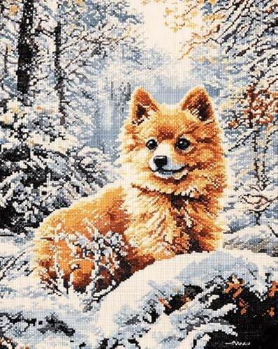 AxiangziK Tierhund Kreuzstich Stickpackungen Vorgedruckt 11CT,Schneeszene im pommerschen Wald,Stickbilder Kreuzstich Stickpackung Sticken Set für Erwachsene Anfänger,40x50cm von AxiangziK