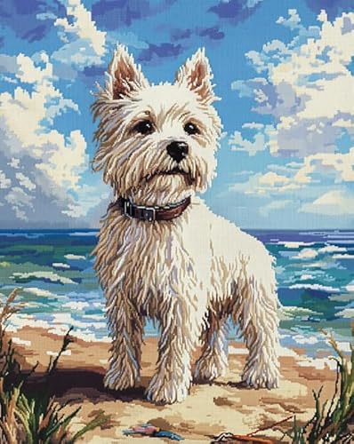 AxiangziK Tierhund Kreuzstich Stickpackungen Vorgedruckt 11CT,West High White Ground Terrier Strandlandschaft,Stickbilder Kreuzstich Stickpackung Sticken Set für Erwachsene Anfänger,40x50cm von AxiangziK