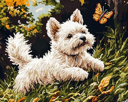 AxiangziK Tierhund Kreuzstich Stickpackungen Vorgedruckt 11CT,West High White Ground Terrier jagt Schmetterling,Stickbilder Kreuzstich Stickpackung Sticken Set für Erwachsene Anfänger,40x50cm von AxiangziK