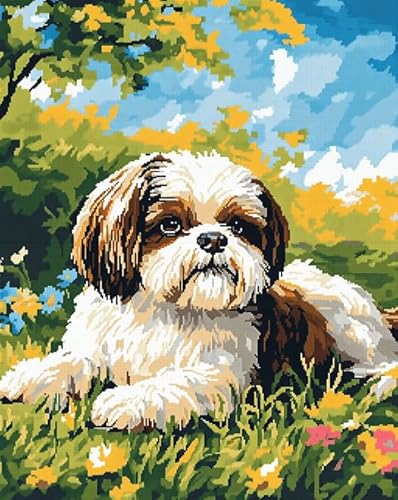 AxiangziK Tierhund Kreuzstich Stickpackungen Vorgedruckt Set 11CT,Shih Tzu Hundegraslandschaft,Sticken Starter Set FüR Erwachsene AnfäNger,Cross Stitch Kit,40x50cm von AxiangziK