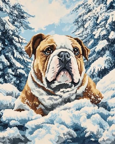 AxiangziK Tierhund Kreuzstich set Erwachsene 11CT,Schneeszene im Bulldoggenwald,DIY Vorgedruckt Stickbilder Stickset Handwerk Starter-Set für Wandkunst-Heimdekoration,40x50cm von AxiangziK