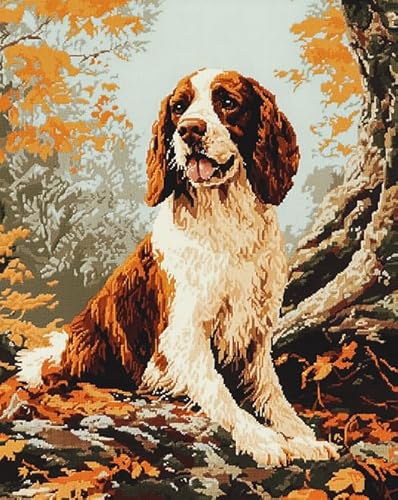 AxiangziK Tierhund Stickerei-Set Kreuzstich 11CT,Springer Spaniel Waldlandschaft,DIY Stickerei Set Erwachsene Anfänger Kinder,Cross Stitch Kit,40x50cm von AxiangziK