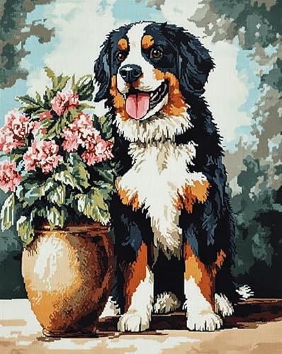 AxiangziK Tierhund Vorbedruckte Kreuzstich-Sets 11CT,Blumentopf für Berner Sennenhund,Kreuzstich-Sets,Basteln,Malen & Handarbeiten,Kunstgeschenk,40x50cm von AxiangziK