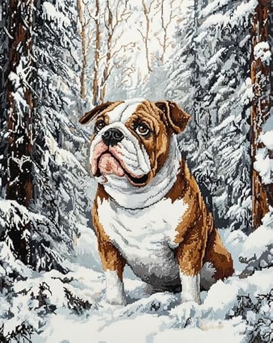 AxiangziK Tierhund Vorgedrucktes Kreuzstich-Set für Erwachsene und Anfänger 11CT,Schneeszene im Bulldoggenwald,DIY Stickbilder für Wandkunst-Heimdekoration,40x50cm von AxiangziK