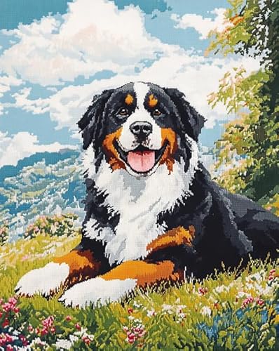 AxiangziK Tierhund stickbilder vorgedruckt kreuzstich 11CT,Wiesenlandschaft des Berner Sennenhundes,kreuzstich stickpackungen DIY Kreuzstichset als Geschenk,40x50cm von AxiangziK