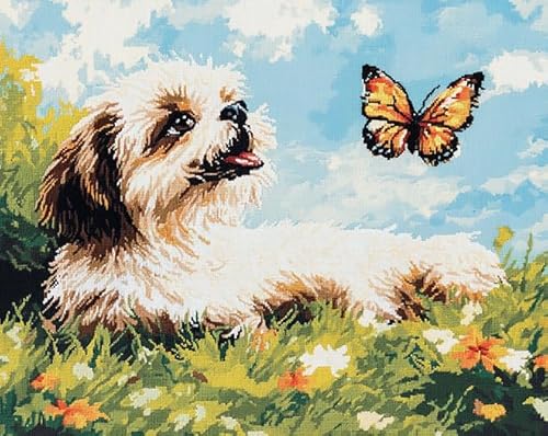 AxiangziK Tierhund stickerei set anfänger mit kreuzstich 11CT,Shih Tzu und Schmetterling,DIY Kreuzstichset Stickvorlagen Stickbilder stickerei set erwachsene,40x50cm von AxiangziK