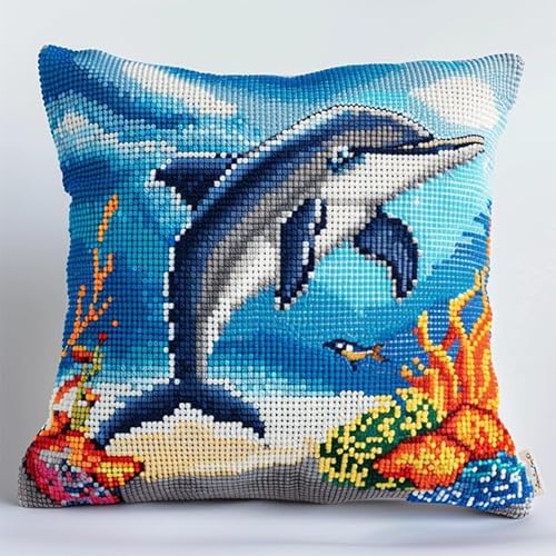 AxiangziK Unterwasserlandschaft DIY Kreuzstichkissen,Tierdelfin,Stickset,Kissenbezug,Stickset Anfänger Bastelsets für Erwachsene,Stickkissen,Handstickerei,45x45cm von AxiangziK