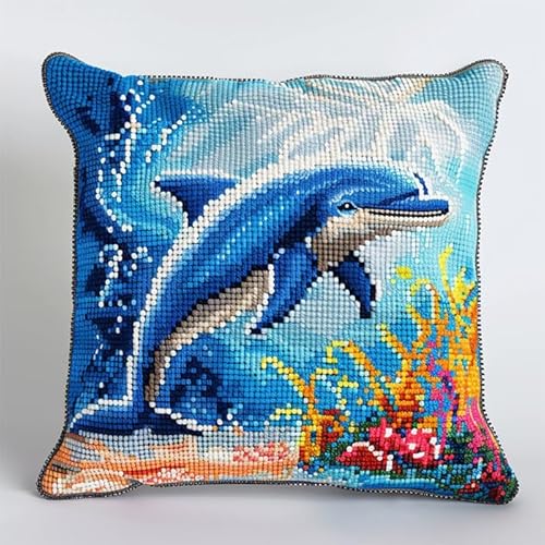 AxiangziK Unterwasserlandschaft Kreuzstichkissen Set,Tierdelfin,Kissenbezug Zum Sticken Kreuzstich Stickkissen mit Muster,11CT Stickset Kreuzstich Kissen,45x45cm von AxiangziK