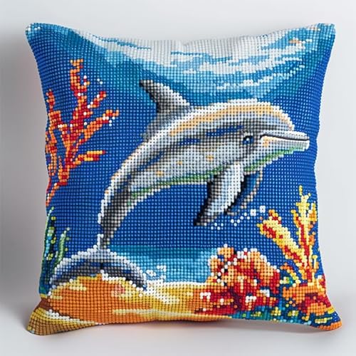 AxiangziK Unterwasserlandschaft kreuzstich kissen set vorgedruckt,Tierdelfin,Stickset 11CT Kreuzstich Kissen zum Basteln Stickkissen Stickpackung,45x45cm von AxiangziK