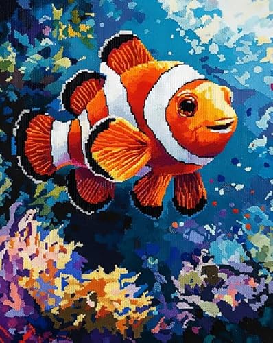 AxiangziK Unterwassertiere Erwachsene Stickerei Kreuzstich 11CT,Clownfisch,Vorgedruckte Leinwand Kreuzstich Set AnfäNger Stickbilder,für Wandkunst-Heimdekoration,40x50cm von AxiangziK