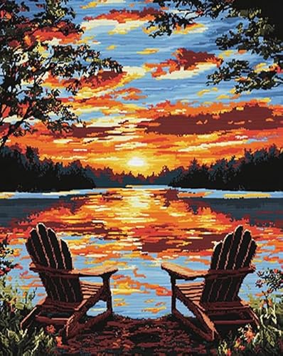 AxiangziK Waldsee Cross Stitch Embroidery Kit 11CT Vorbedruckte Kreuzstich-Sets,Sonnenuntergangslandschaft,Stickerei Kreuzstich-Sets Handstickerei Kunsthandwerk,40x50cm von AxiangziK