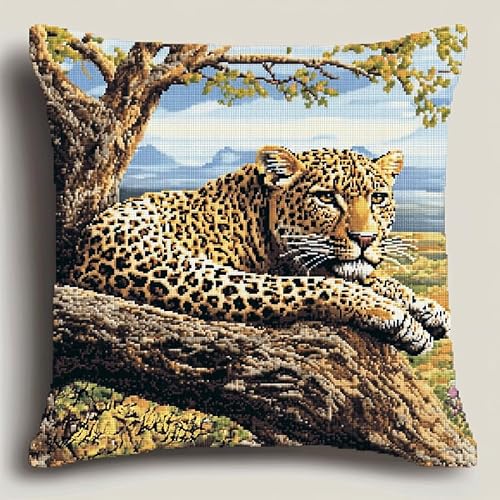 AxiangziK afrikanisches Grasland Kreuzstichkissen Set,Tierleopard,Kissenbezug Zum Sticken Kreuzstich Stickkissen mit Muster,11CT Stickset Kreuzstich Kissen,45x45cm von AxiangziK