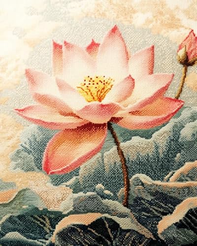 AxiangziK blühender Lotus Erwachsene Stickerei Kreuzstich 11CT,Teich,Vorgedruckte Leinwand Kreuzstich Set AnfäNger Stickbilder für Wandkunst-Heimdekoration,40x50cm von AxiangziK