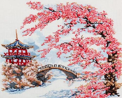 AxiangziK japanische Landschaft DIY Kreuzstich Stickpackungen Vorgedruckt,Sakura-Zweige,Sticken Set Erwachsene Kreuzstich Bild,Wandkunst-Heimdekoration,16x20inch von AxiangziK