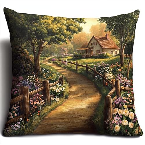 AxiangziK ländliche Landschaft Kreuzstich Set Vorgedruckt,Gartenhaus,Gobelin Stickbilder Kreuzstich Kissen Set Stickkissen Kreuzstichkissen/Stickkissen-Set,45x45cm von AxiangziK