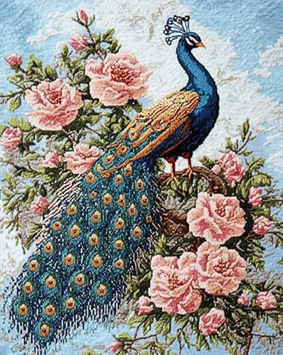 AxiangziK schöner Vogel DIY Kreuzstichset,Pfau und Blumen,11CT stickerei set anfänger mit kreuzstich,stickbilder vorgedruckt kreuzstich,40x50cm von AxiangziK