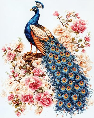 AxiangziK schöner Vogel Embroidery Starter Kits for Adults Beginners,Pfau und Blumen,DIY Cross Stitch Kit 11CT Stamped Embroidery Kit Craft Lover Hand Embroidery Practice Kit,40x50cm von AxiangziK