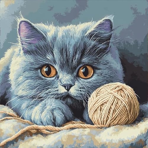 AxiangziK süße Tiere Vorgedrucktes Kreuzstich-Set für Erwachsene und Anfänger,Blaue Katze und Wollknäuel,DIY Stickbilder für Wandkunst-Heimdekoration,16x16in von AxiangziK