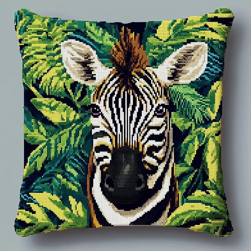 AxiangziK tropische Blätter Stickset,Kissenbezug,Kreuzstich Kissen,Tier Zebra,Stickkissen mit Muster Stickset Kreuzstich Kissen zum Basteln Stickkissen Stickpackung,18x18in von AxiangziK