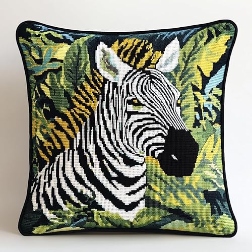 AxiangziK tropische Blätter Stickset für Kissen,Tier Zebra,Kissenbezug aus 11-fädigem Kreuzstichstoff,handgemachte Handarbeit,Heimdekoration,18x18in von AxiangziK