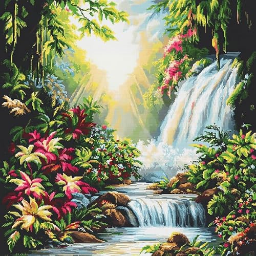 AxiangziK tropische Landschaft ART Cross Stitch Kits Stamped for Adults Beginner Kids,Sonnenscheinwald,DIY Handmade Needlework kit,11CT Needlework Crafts Embroidery,16x16in von AxiangziK