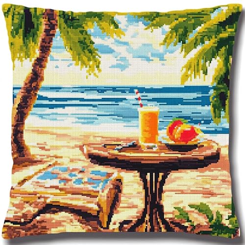 AxiangziK tropische Landschaft DIY Kreuzstichkissen,Tisch am Strand,Stickset,Kissenbezug,Stickset Anfänger Bastelsets für Erwachsene,Stickkissen,Handstickerei,45x45cm von AxiangziK