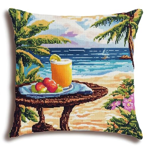 AxiangziK tropische Landschaft Kreuzstichkissen Set,Tisch am Strand,Kissenbezug Zum Sticken Kreuzstich Stickkissen mit Muster,11CT Stickset Kreuzstich Kissen,45x45cm von AxiangziK