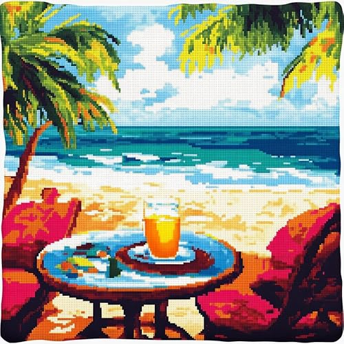 AxiangziK tropische Landschaft kreuzstich kissen set vorgedruckt,Tisch am Strand,Stickset 11CT Kreuzstich Kissen zum Basteln Stickkissen Stickpackung,45x45cm von AxiangziK