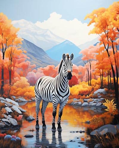 Herbstliche Waldlandschaft Vorgedrucktes Kreuzstich-Set für Erwachsene und Anfänger,Tier Zebra,DIY Stickbilder für Wandkunst-Heimdekoration,40x50cm von AxiangziK