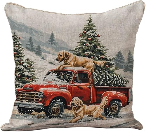 Kreuzstich Stickpackungen Kissen,Roter Truck mit Weihnachtsbaum Golden Retriever,Stickset,Kissenbezug,DIY Kreuzstichkissen Anfänger mit Stickvorlage & Sticknadel und Stickgarn,18x18in von AxiangziK