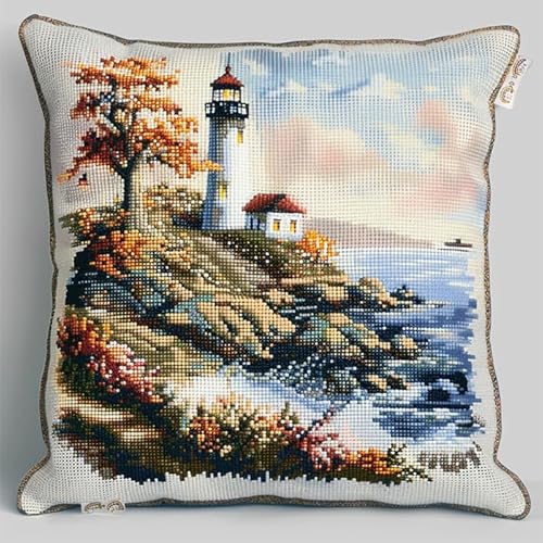 Landschaft Kreuzstich Stickpackungen Kissen,Leuchtturm am Meer,Stickset,Kissenbezug,DIY Kreuzstichkissen Anfänger mit Stickvorlage & Sticknadel und Stickgarn,45x45cm von AxiangziK