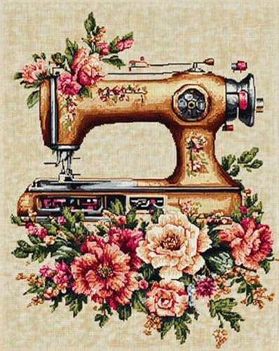 Retro-Nähmaschine Sticken Set Erwachsene Kreuzstich,Blumen,Kreuzstich Stickpackung,DIY Stickbilder Vorgedruckt Kreuzstich für Anfänger Home Decor,40x50cm von AxiangziK