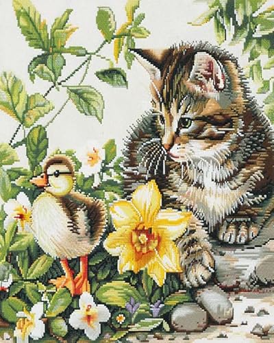 Teichblumen Vorgedrucktes Kreuzstich-Set für Erwachsene und Anfänger,Tiere Katze und Ente,DIY Stickbilder für Wandkunst-Heimdekoration,40x50cm von AxiangziK