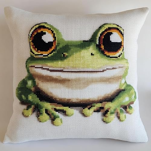 Tier Kreuzstich Stickpackungen Kissen,süßer Frosch,Stickset,Kissenbezug,DIY Kreuzstichkissen Anfänger mit Stickvorlage & Sticknadel und Stickgarn,45x45cm von AxiangziK