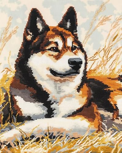 Tierhund Kreuzstich Stickpackung 11CT,Akita-Hundegras,Sticken Set Erwachsene Kreuzstich,DIY Stickbilder Vorgedruckt Kreuzstich für Anfänger Home Decor,40x50cm von AxiangziK