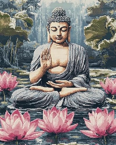 wunderschöner Lotus Sticken Set Erwachsene Kreuzstich 11CT,Buddha-Statue,Kreuzstich Stickpackung,DIY Stickbilder Vorgedruckt Kreuzstich für Anfänger Home Decor,40x50cm von AxiangziK